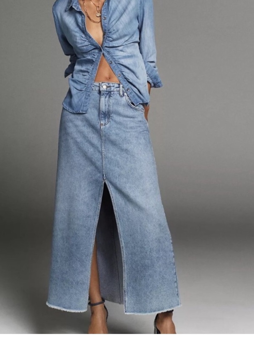 By Anthropologie Pilcro Light Blue Denim Maxi Skirt with Front Slit - Picture 1 of 16